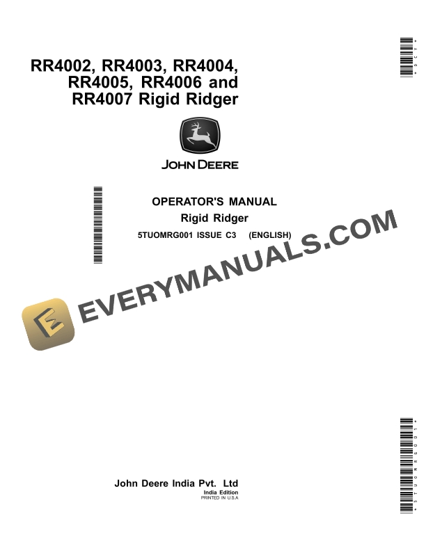 John Deere RR4002, RR4003, RR4004, RR4005, RR4006, RR4007 Rigid Ridger Operator Manual 5TUOMRG001