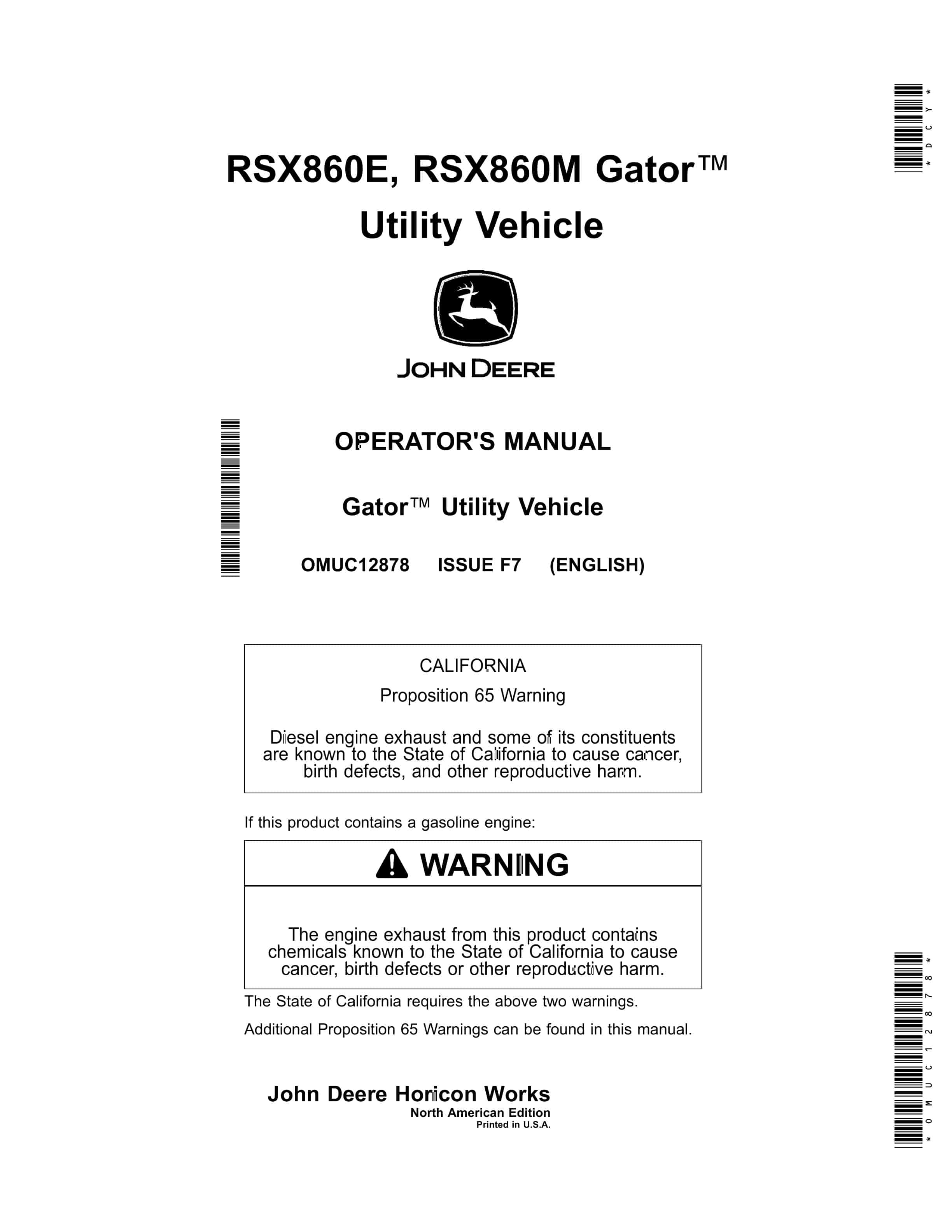 John Deere RSX860E RSX860M Gator Utility Vehicles Operator Manual OMUC12878 1