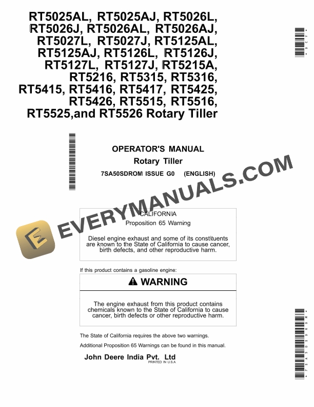 John Deere RT5025AL - RT5526 Rotary Tiller Operator Manual 7SA50SDROM