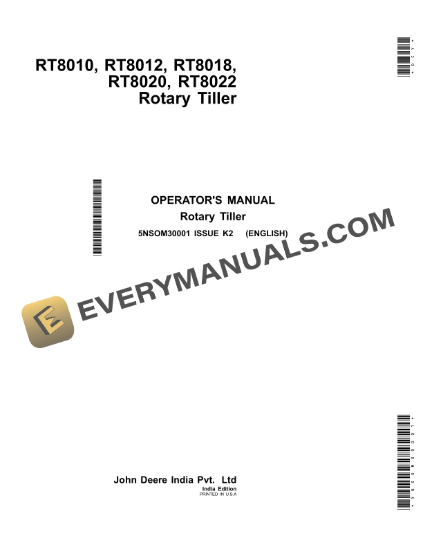 John Deere RT8010, RT8012, RT8018, RT8020, RT8022 Rotary Tiller Operator Manual 5NSOM30001