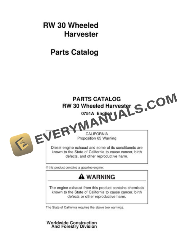 John Deere RW30 Wheeled Harvester Parts Catalog 0751A