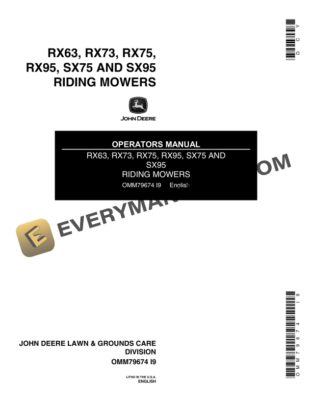 John Deere RX63, RX73, RX75, RX95, SX75, SX95 Riding Mowers Operator Manual OMM79674
