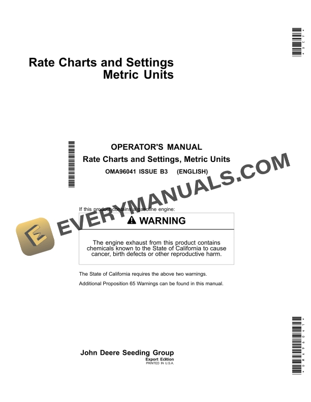 John Deere Rate Charts and Settings Metric Units Operator Manual OMA96041 1