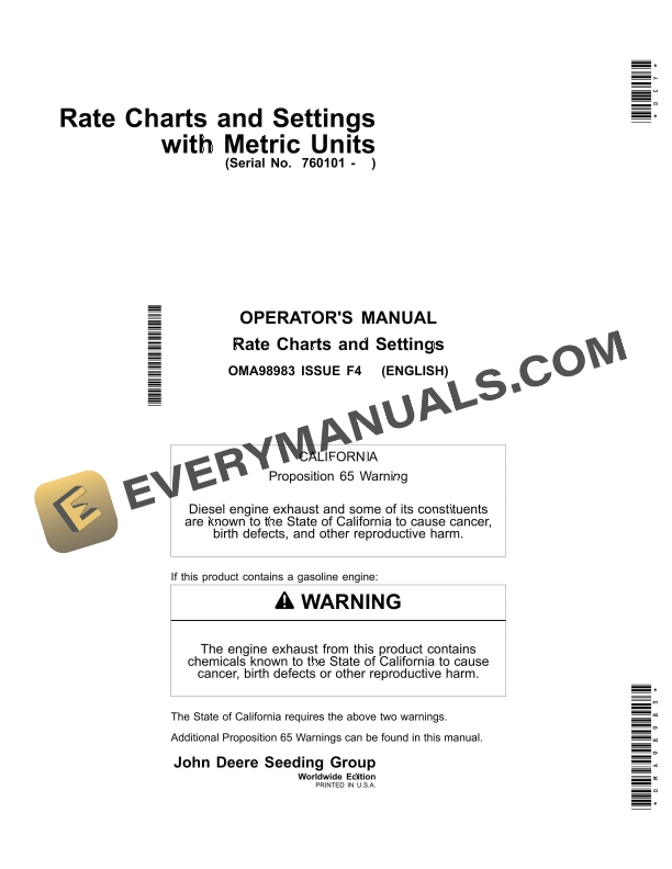 John Deere Rate CharTS and Settings With Metric Units Operator Manual OMA98983 1 John Deere Rate Charts and Settings with Metric Units Operator Manual OMA98983 1