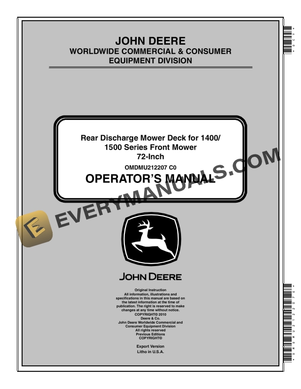 John Deere Rear Discharge Mower Decks for 1400 1500 Series Front Mower 72 Operator Manual OMDMU212207E 1
