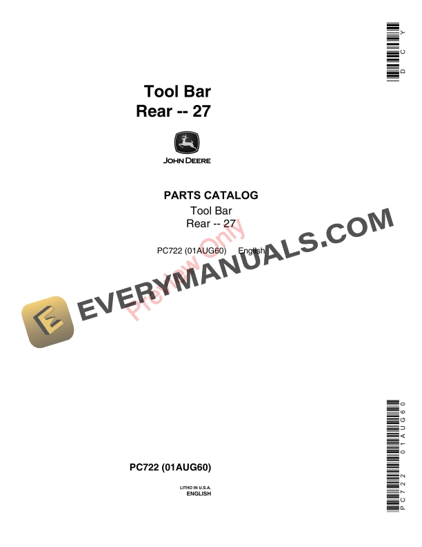 John Deere Rear Toolbar - 27 Parts Catalog PC722 01AUG60