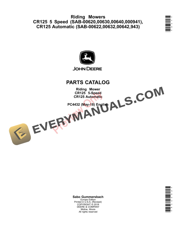 John Deere Riding Mowers CR125 5 Speed (SAB00620, SAB00630, SAB00640, SAB000941), CR125 Automatic (SAB00622, Parts Catalog PC4432 11MAY18 PDF