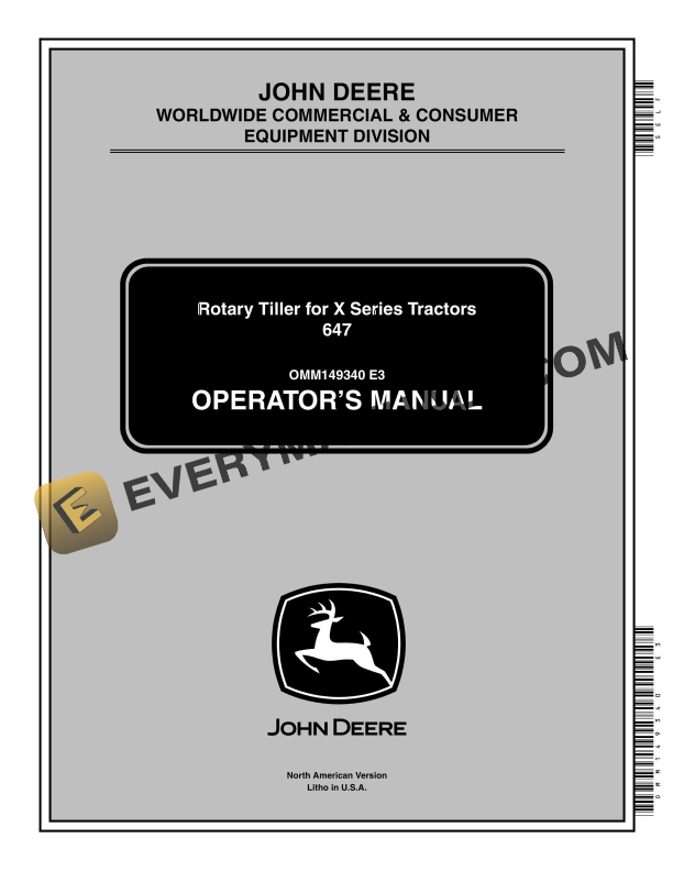 John Deere Rotary Tiller For X Series Tractors 647 Operator Manual OMM149340