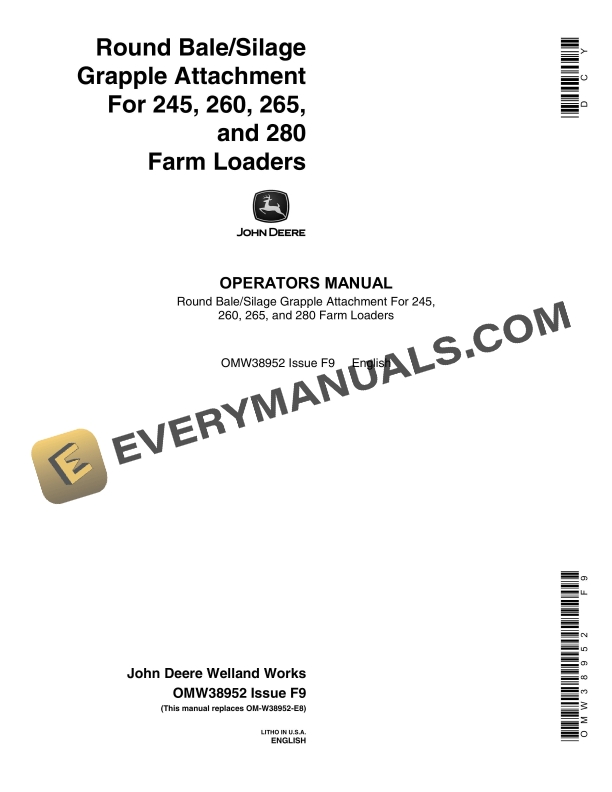 John Deere Round BaleSilage Grapple Attachment For 245 260 265 and 280 Farm Loader Operator Manual OMW38952 1