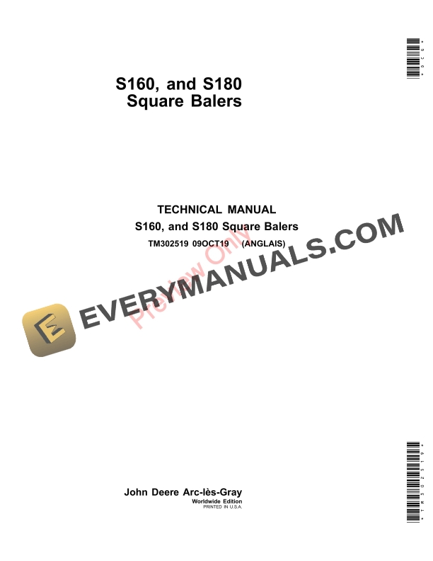 John Deere S160 and S180 Square Balers Technical Manual TM302519 09OCT19 1