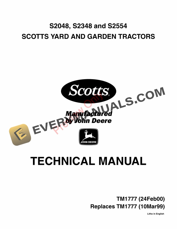 John Deere S2048, S2348 and S2554 (GT2554) Scotts Yard and Garden Tractors Technical Manual TM1777 24FEB00