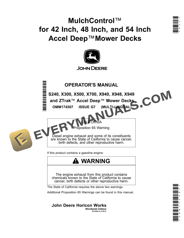 John Deere S240 X300 X500 X700 X940 X948 X949 and ZTrak Accel Deep Mower Decks Operator Manual OMM174507 1
