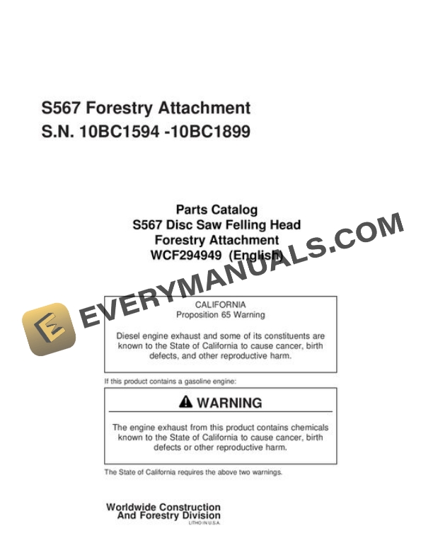 John Deere S567 Stt Disc Saw Felling Head Parts Catalog WCF294949