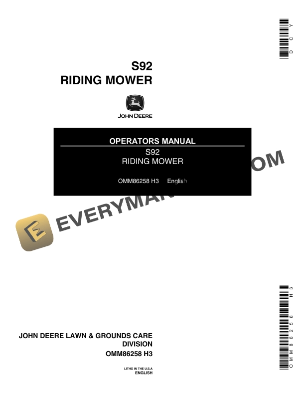 John Deere S92 Riding Mower Operator Manual OMM86258