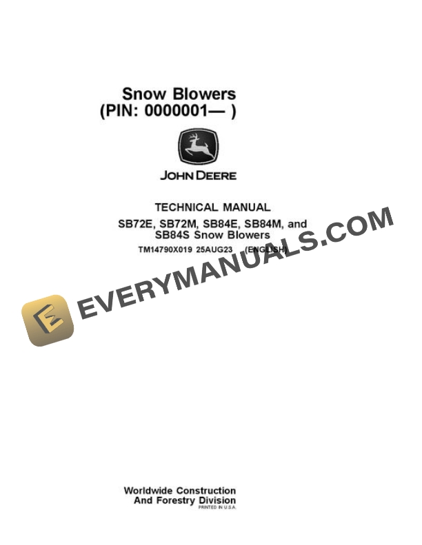 John Deere SB72E SB84E SB72M SB84M SB84S Attachment Repair Manual TM14790X019