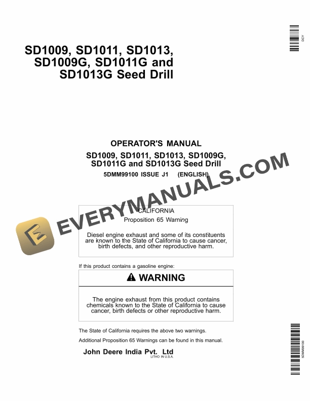 John Deere SD1009 SD1011 SD1013 SD1009G SD1011G and SD1013G Seed Drill Operator Manual 5DMM99100 1