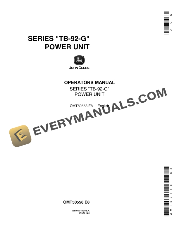 John Deere SERIES TB 92 G POWER UNIT Operator Manual OMT50558 1