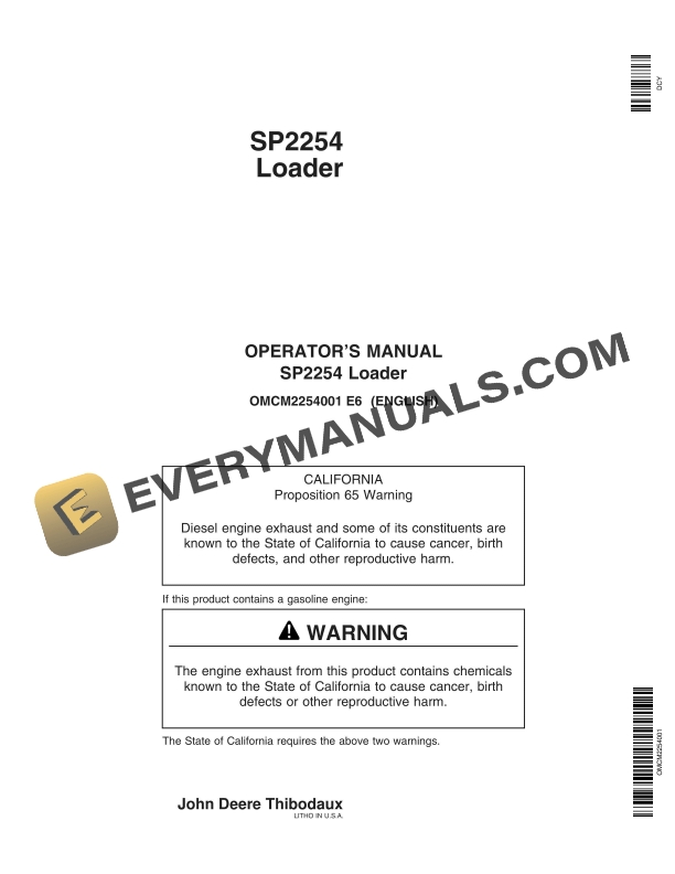 John Deere SP2254 Loader Operator Manual OMCM2254001