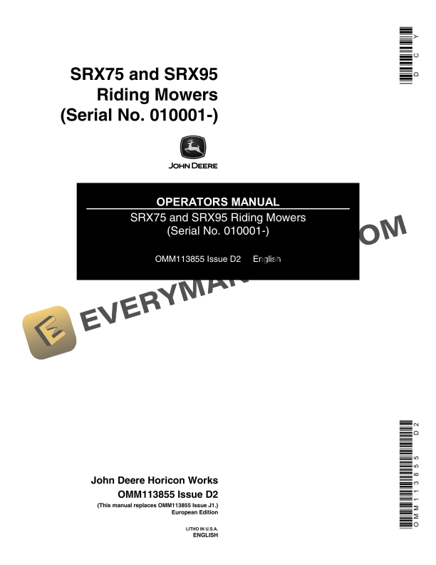 John Deere SRX75 and SRX95 Riding Mowers Operator Manual OMM113855 1