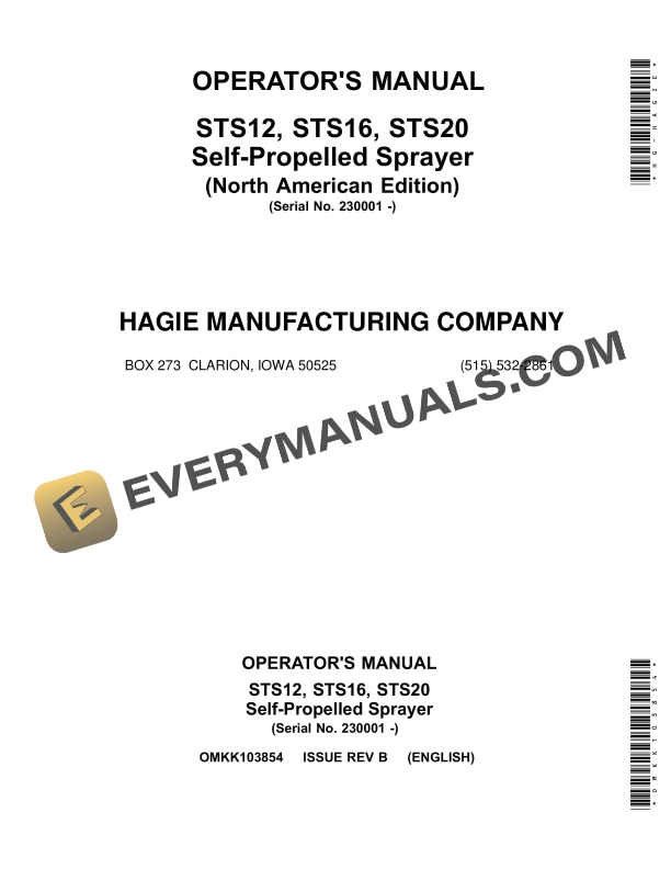 John Deere STS12, STS16, STS20 Self-Propelled Sprayer Operator Manual OMKK103854