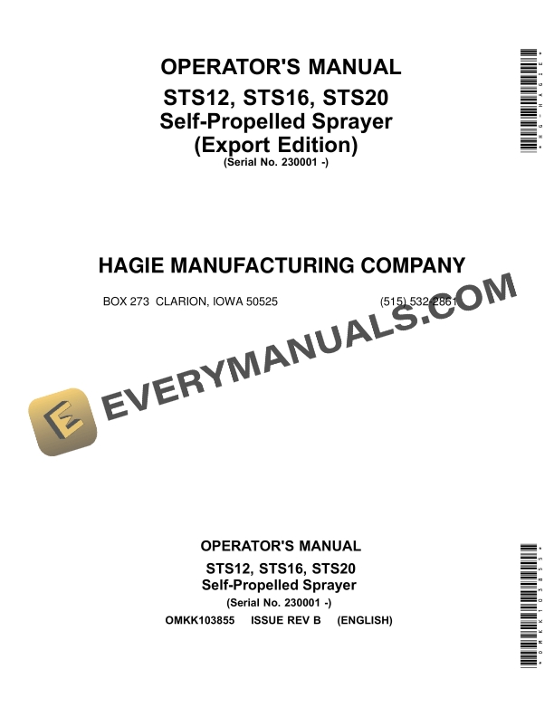 John Deere STS12, STS16, STS20 Self-Propelled Sprayer Operator Manual OMKK103855 1 John Deere STS12 STS16 STS20 Self Propelled Sprayer Operator Manual OMKK103855 1