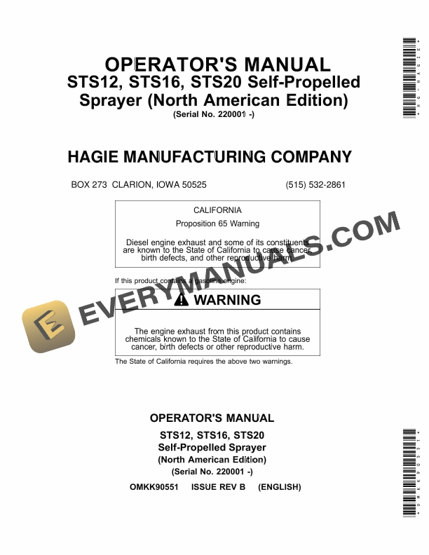 John Deere STS12, STS16, STS20 Self-Propelled Sprayer Operator Manual OMKK90551