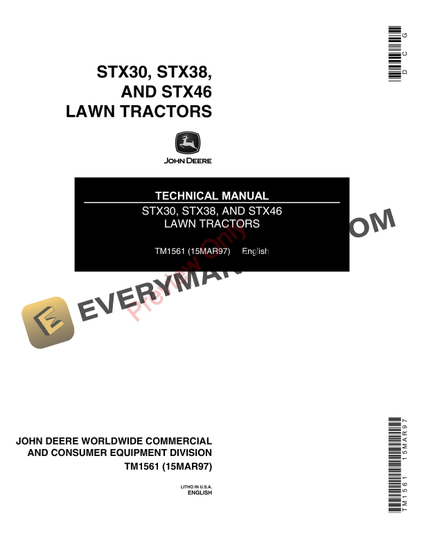 John Deere STX30 STX38 and STX46 Lawn Tractors Yellow and Black Decks Technical Manual TM1561 15MAR97 1