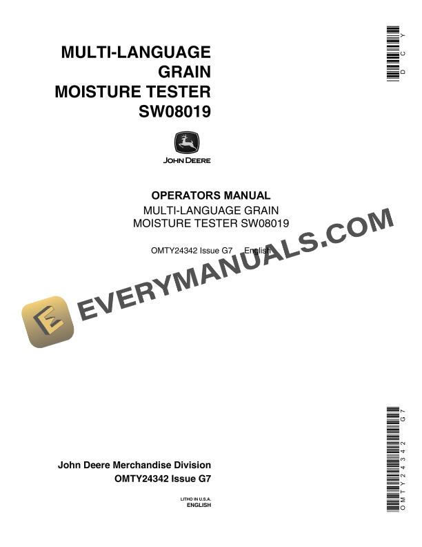 John Deere SW08019 MULTI LANGUAGE GRAIN MOISTURE TESTER Operator Manual OMTY24342 1