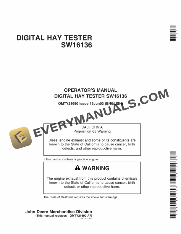 John Deere SW16136 DIGITAL HAY TESTER Operator Manual OMTY21690 1