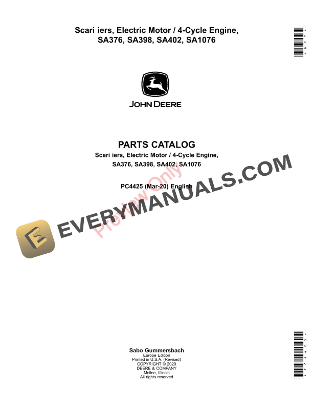 John Deere Scarifiers, Electric Motor 4 Parts Catalog PC4425 25MAR20