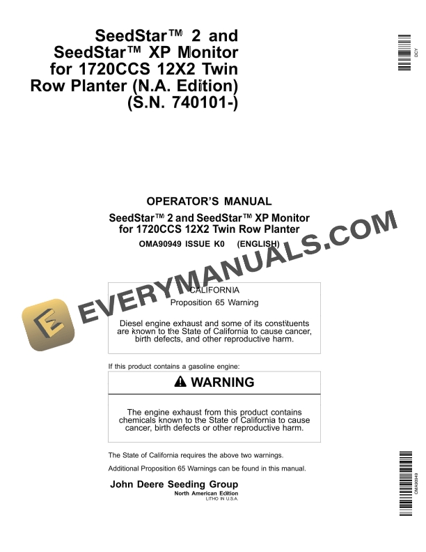 John Deere SeedStar 2 and SeedStar XP Monitor for 1720CCS 12X2 Twin Row Planter Operator Manual OMA90949 1