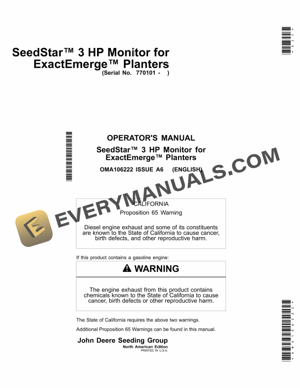 John Deere SeedStar 3 HP Monitor for ExactEmerge Planter Operator Manual OMA106222 1