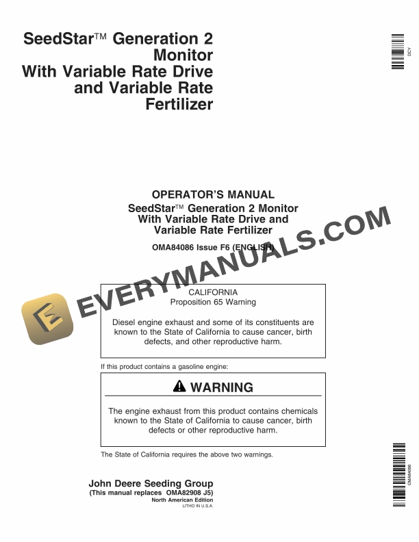 John Deere SeedStar Generation 2 Monitor With Variable Rate Drive and Variable Rate Fertilizer Operator Manual OMA84086 1