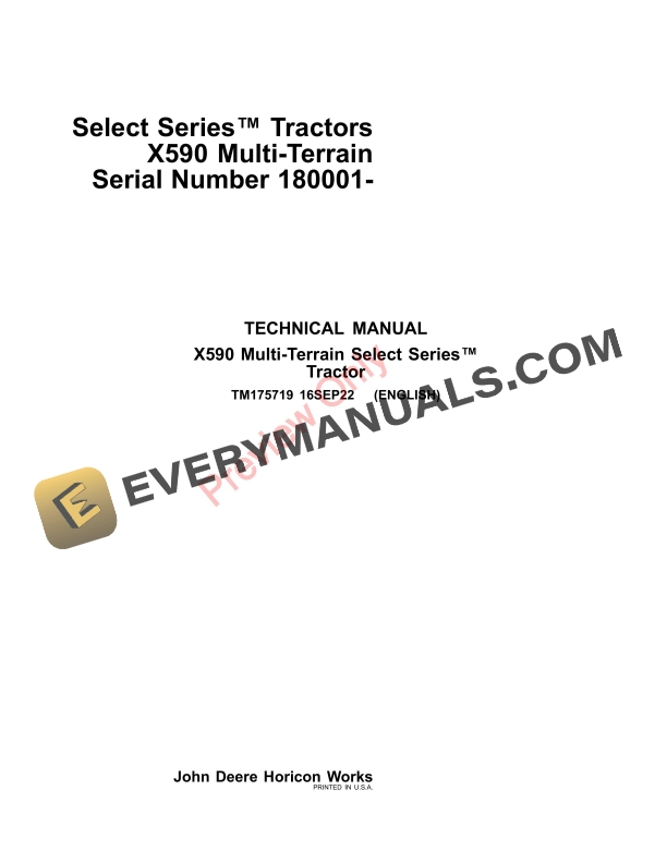 John Deere Select Series Tractors X590 Multi Terrain 180001 Technical Manual TM175719 16SEP22 1