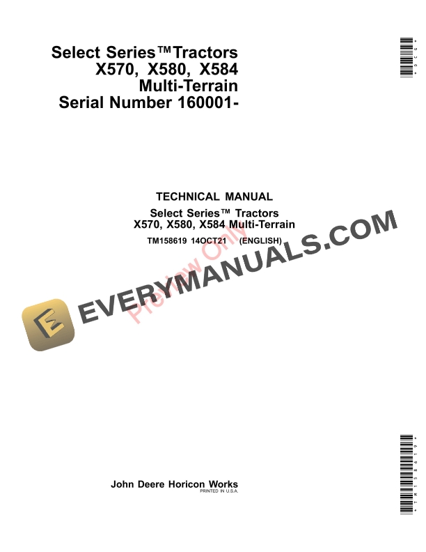 John Deere Select SeriesTractors X570 X580 X584 Multi Technical Manual TM158619 14OCT21 1