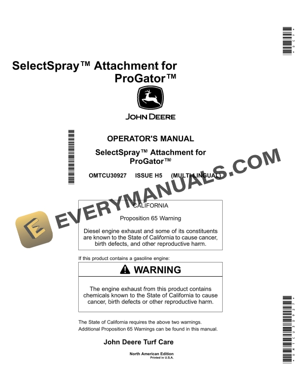 John Deere SelectSpray Attachment for ProGator Operator Manual OMTCU30927 1