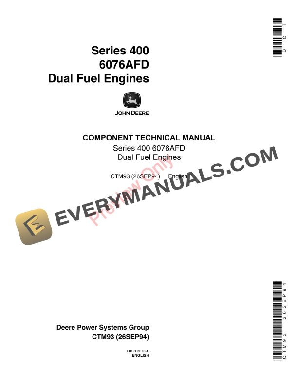 John Deere Series 400 6076AFD Dual Fuel Engine Component Technical Manual CTM93 26SEP94 1
