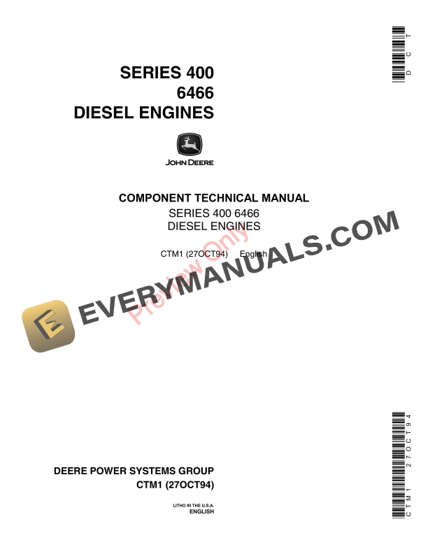 John Deere Series 400 6466 Diesel Engines Component Technical Manual CTM1 27OCT94 1