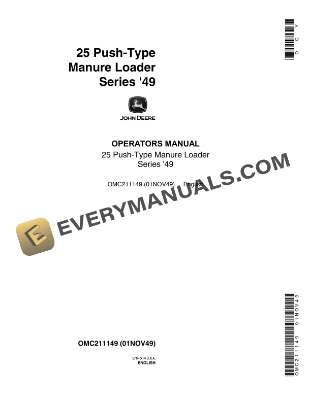 John Deere Series 49 25 Push-Type Manure Loader Operator Manual OMC211149