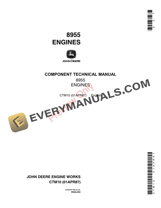 John Deere Series 700 8955 Diesel Engine Component Technical Manual CTM10 01APR87