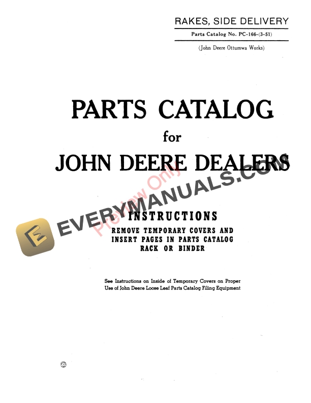 John Deere Side Delivery Rakes Parts Catalog PC166 01MAR51