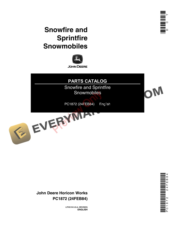 John Deere Snowfire and Sprintfire Snowmobiles Parts Catalog PC1872 24FEB84 1