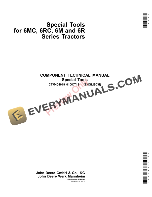 John Deere Special Tools for 6MC, 6RC, 6M and 6R Series Tractors Component Technical Manual CTM404019 01OCT18