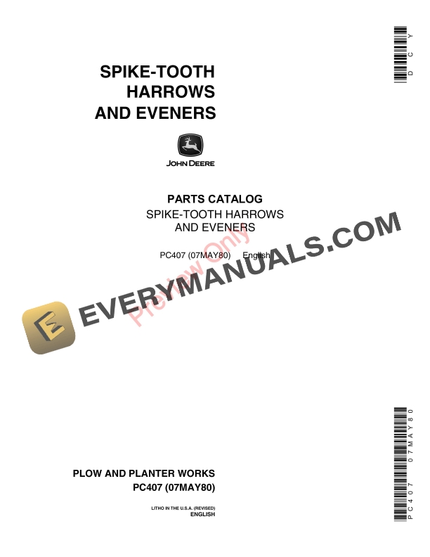 John Deere Spike Tooth Harrow, Eveners Parts Catalog PC407 07MAY80 2 John Deere Spike Tooth Harrow Eveners Parts Catalog PC407 07MAY80 1