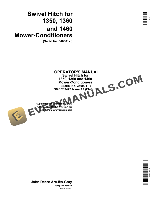 John Deere Swivel Hitch for 1350 1360 and 1460 Mower Conditioners Operator Manual OMCC39477 1