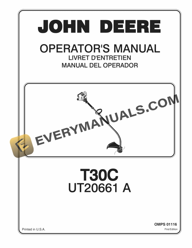 John Deere T30C UT20661 A STRING TRIMMER BRUSHCUTTER Operator Manual OMPS01116 1