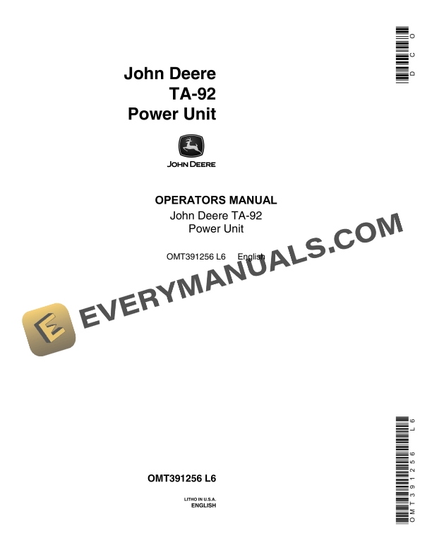 John Deere TA-92 Power Unit Operator Manual OMT391256