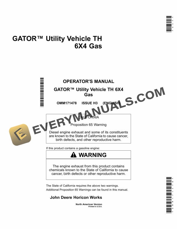 John Deere TH 6x4 Gas Gator Utility Vehicles Operator Manual OMM171478