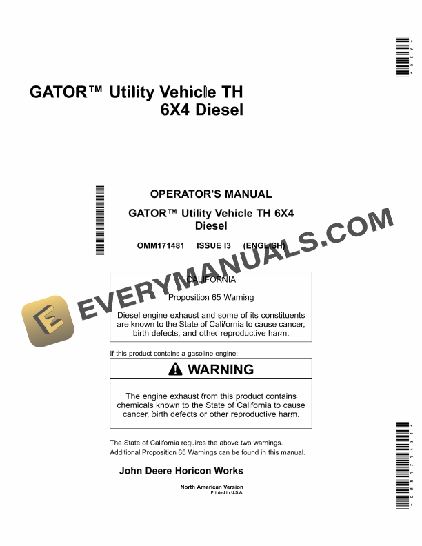 John Deere TH 6X4 Gas GATOR Utility Vehicles Operator Manual OMM171481 1