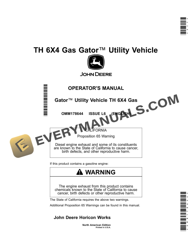 John Deere TH 6X4 Gas Gator Utility Vehicles Operator Manual OMM178644 1